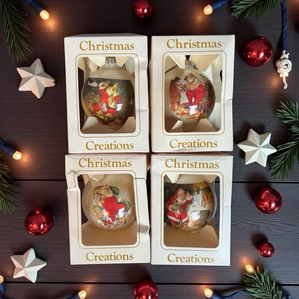 Vintage Santa Claus Glass Ornaments Set of 4 Double Sided Coca Cola Style W/Box